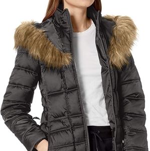 Used 3/4 length puffer with corset detail, zip front closure, faux fur trim hood